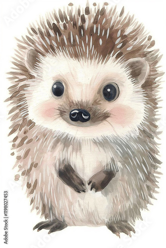 Cute hedgehog standing and looking forward, watercolor painting