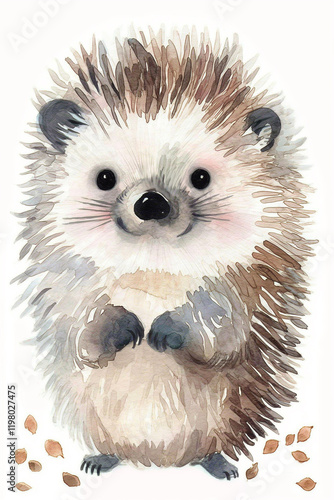 Cute hedgehog standing and holding paws watercolor painting