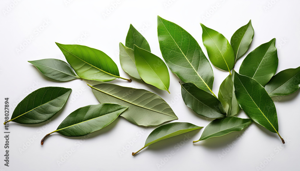 Obraz premium A collection of fresh bay leaves with a glossy finish and rich green hues, scattered on a clean surface, perfect for culinary, herbal, or nature-inspired themes. 