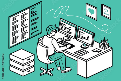 programmer, multiple computer screens, coding, software development, busy workspace, digital multitasking, information overload, tech office, flat design illustration, vibrant teal background, floatin
