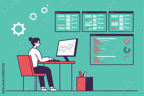 programmer, multiple computer screens, coding, software development, busy workspace, digital multitasking, information overload, tech office, flat design illustration, vibrant teal background, floatin