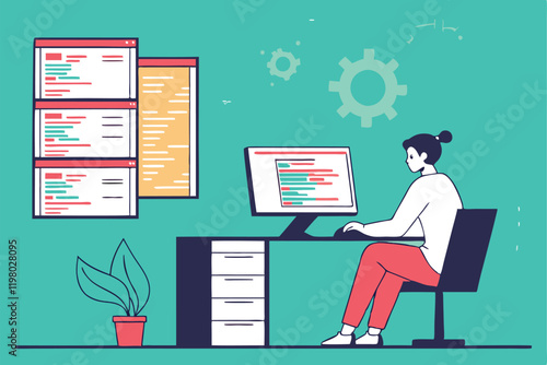 programmer, multiple computer screens, coding, software development, busy workspace, digital multitasking, information overload, tech office, flat design illustration, vibrant teal background, floatin