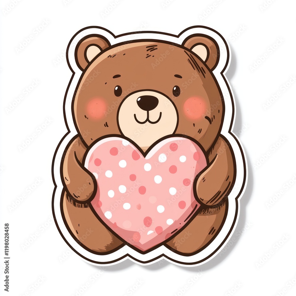 Brown bear holding pink dotted heart, a sticker isolated on white background, for Valentine