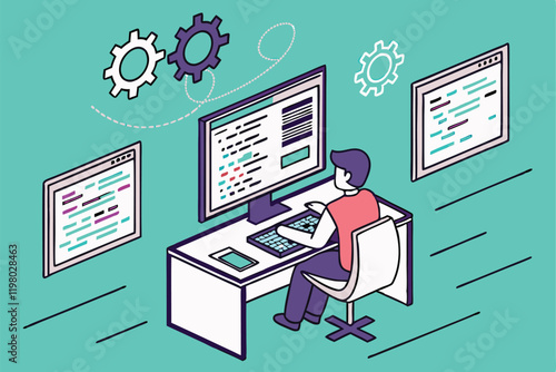 programmer, multiple computer screens, coding, software development, busy workspace, digital multitasking, information overload, tech office, flat design illustration, vibrant teal background, floatin