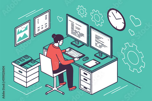 programmer, multiple computer screens, coding, software development, busy workspace, digital multitasking, information overload, tech office, flat design illustration, vibrant teal background, floatin