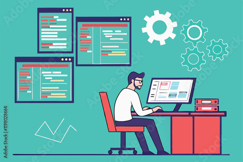 programmer, multiple computer screens, coding, software development, busy workspace, digital multitasking, information overload, tech office, flat design illustration, vibrant teal background, floatin