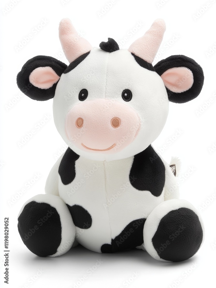 A stuffed cow with a white face and black spots. The cow is sitting on a white background A stuffed cow with a white face and black spots. The cow is sitting on a white background
