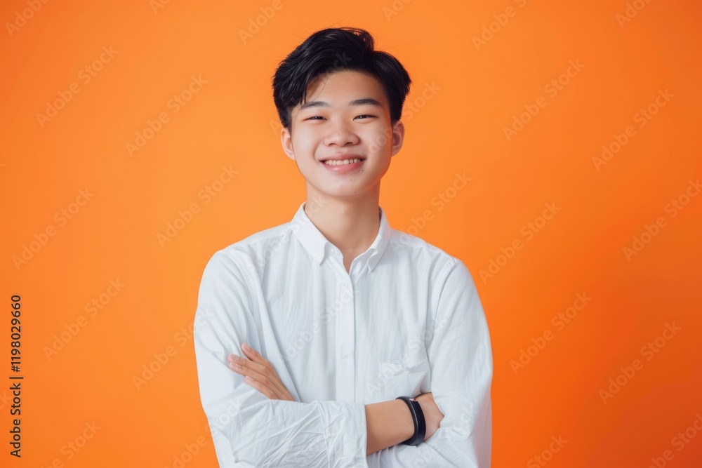 Happy Asian man in white shirt posing confidently. Happy Asian man in white shirt posing confidently.