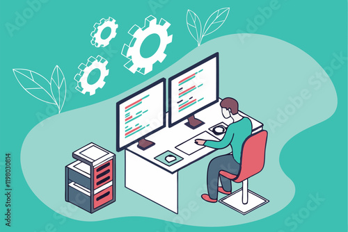 programmer, multiple computer screens, coding, software development, busy workspace, digital multitasking, information overload, tech office, flat design illustration, vibrant teal background, floatin