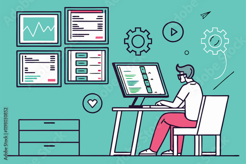 programmer, multiple computer screens, coding, software development, busy workspace, digital multitasking, information overload, tech office, flat design illustration, vibrant teal background, floatin