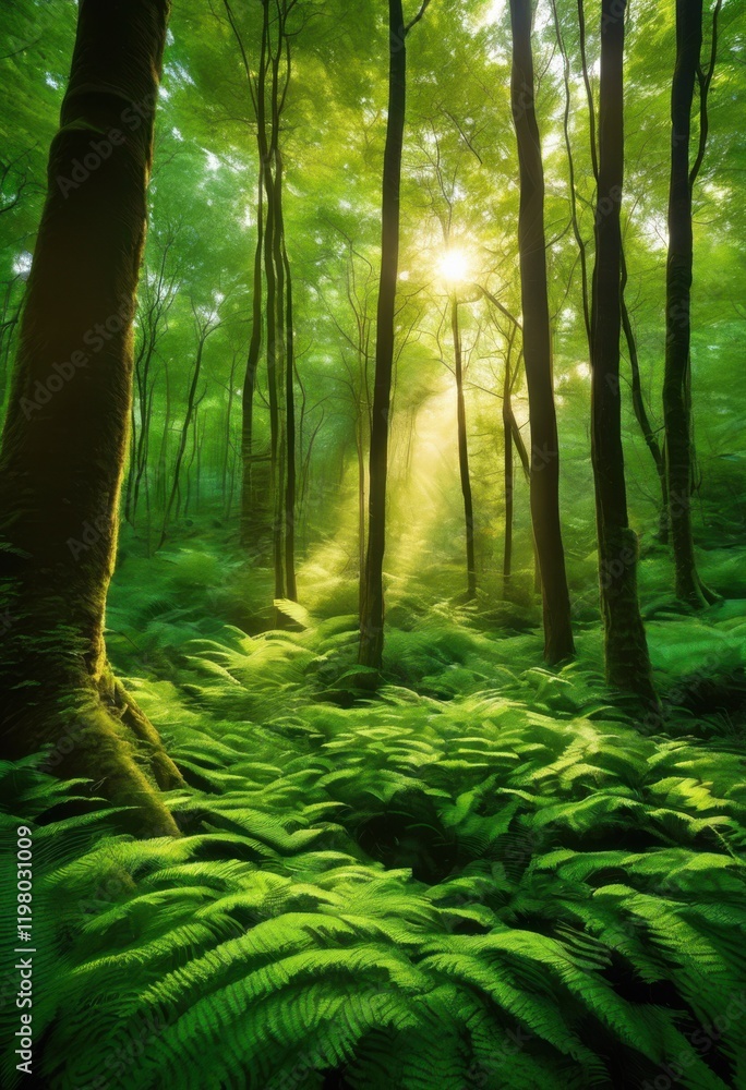 Obraz premium majestic forest canopies bathed dappled sunlight filtering through lush greenery dense foliage, adventure, ambiance, biodiversity, blades, blossoms