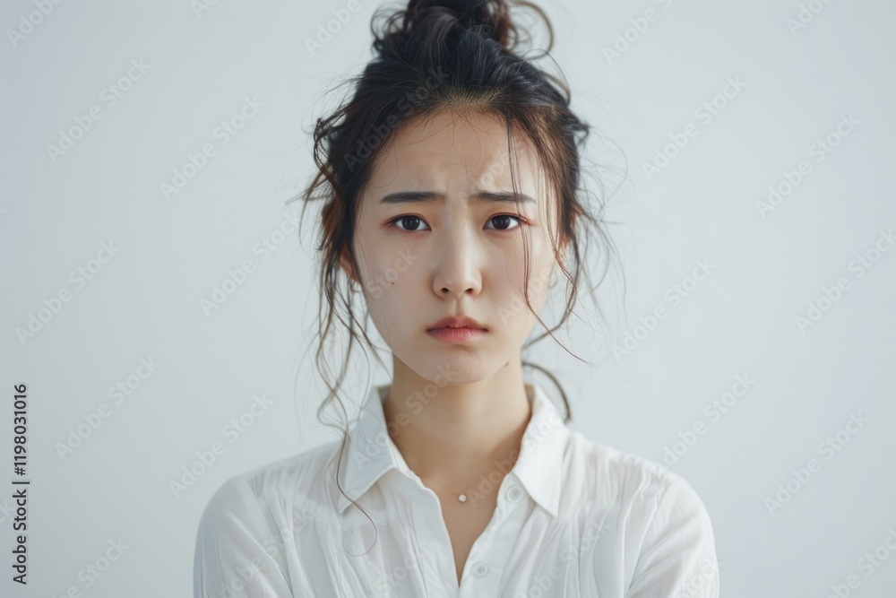 Sad Asian office girl sulking against white background. Sad Asian office girl sulking against white background.