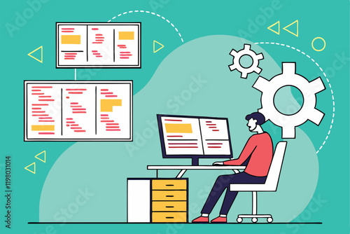 programmer, multiple computer screens, coding, software development, busy workspace, digital multitasking, information overload, tech office, flat design illustration, vibrant teal background, floatin