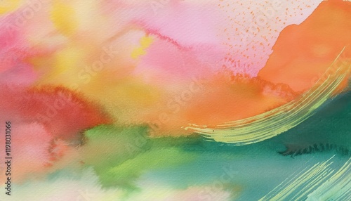 Whimsical Watercolor Abstraction, Swirling Hues and Textures in an Imagined Landscape, Expressing the Spirit of Creative Freedom and Emotion. photo