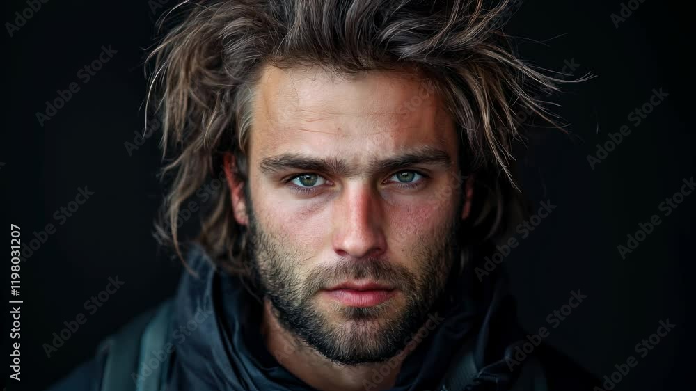 A young man stands against a dark background, displaying captivating blue eyes and wild hair. His expression conveys a sense of adventure and resilience in a rugged atmosphere. A young man stands against a dark background, displaying captivating blue eyes and wild hair. His expression conveys a sense of adventure and resilience in a rugged atmosphere.