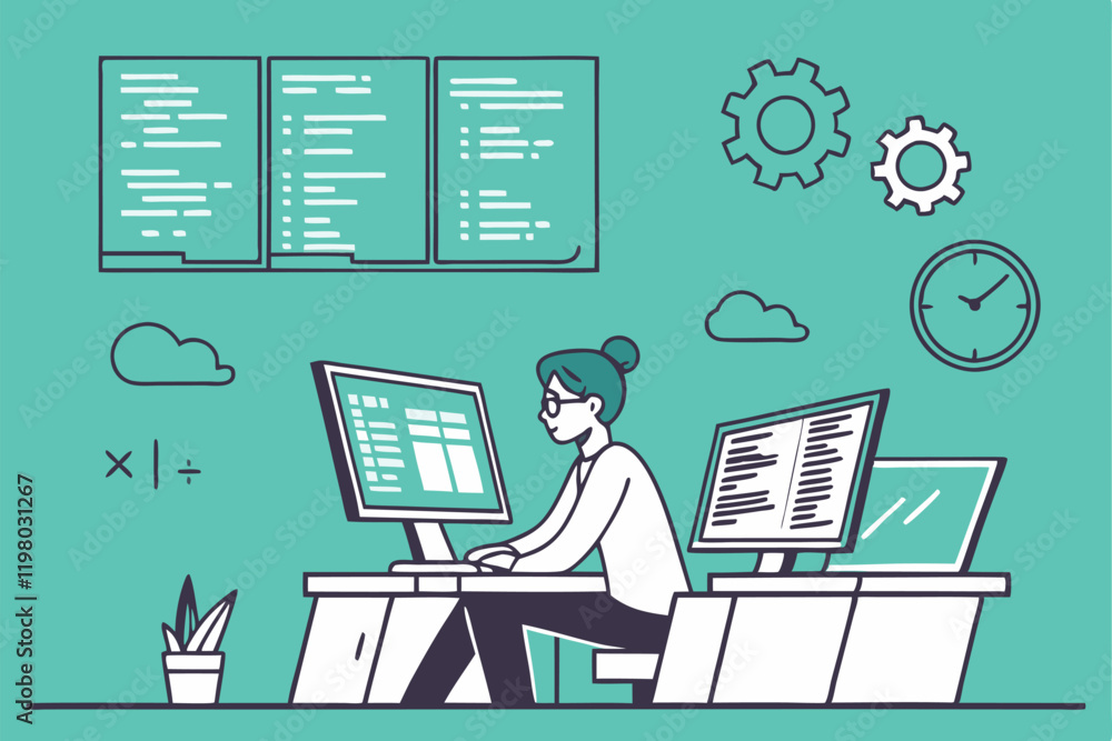 programmer, multiple computer screens, coding, software development, busy workspace, digital multitasking, information overload, tech office, flat design illustration, vibrant teal background, floatin