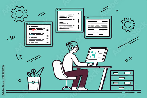 programmer, multiple computer screens, coding, software development, busy workspace, digital multitasking, information overload, tech office, flat design illustration, vibrant teal background, floatin
