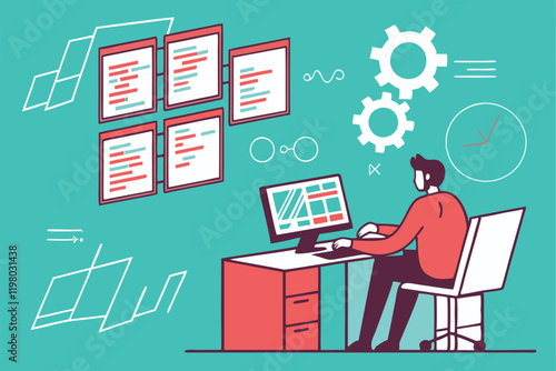 programmer, multiple computer screens, coding, software development, busy workspace, digital multitasking, information overload, tech office, flat design illustration, vibrant teal background, floatin