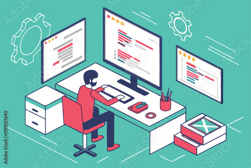 programmer, multiple computer screens, coding, software development, busy workspace, digital multitasking, information overload, tech office, flat design illustration, vibrant teal background, floatin