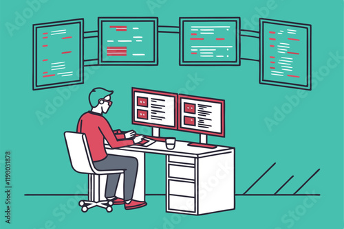 programmer, multiple computer screens, coding, software development, busy workspace, digital multitasking, information overload, tech office, flat design illustration, vibrant teal background, floatin