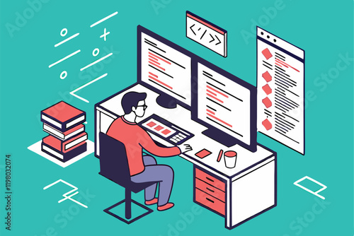 programmer, multiple computer screens, coding, software development, busy workspace, digital multitasking, information overload, tech office, flat design illustration, vibrant teal background, floatin