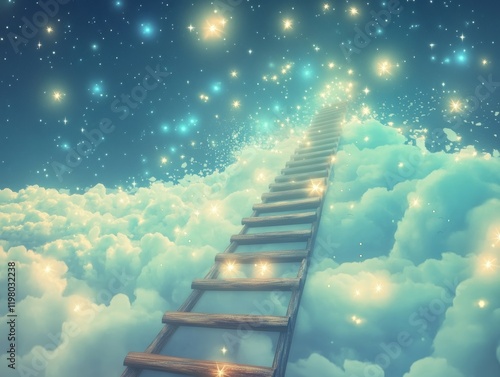 A ladder extending towards an open sky filled with clouds resembling success symbols, symbolizing the ascent to new heights in one's career or life photo