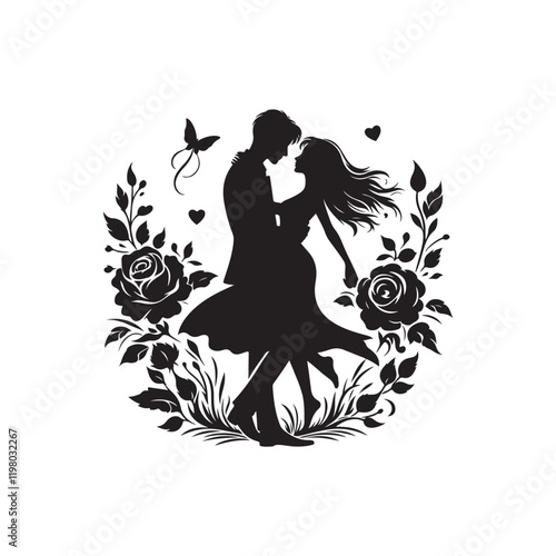 Black Color romantic couple silhouette design Vector Illustration, Solid White Background (39).eps