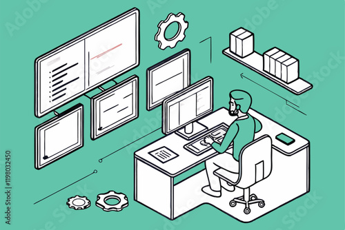 programmer, multiple computer screens, coding, software development, busy workspace, digital multitasking, information overload, tech office, flat design illustration, vibrant teal background, floatin