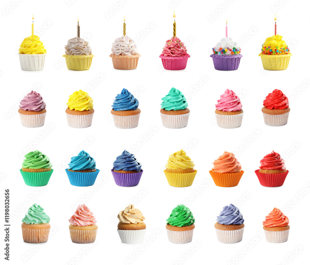 Tasty cupcakes with cream isolated on white, set Tasty cupcakes with cream isolated on white, set
