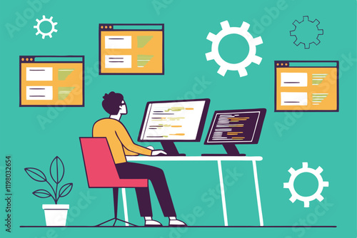 programmer, multiple computer screens, coding, software development, busy workspace, digital multitasking, information overload, tech office, flat design illustration, vibrant teal background, floatin