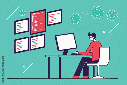 programmer, multiple computer screens, coding, software development, busy workspace, digital multitasking, information overload, tech office, flat design illustration, vibrant teal background, floatin
