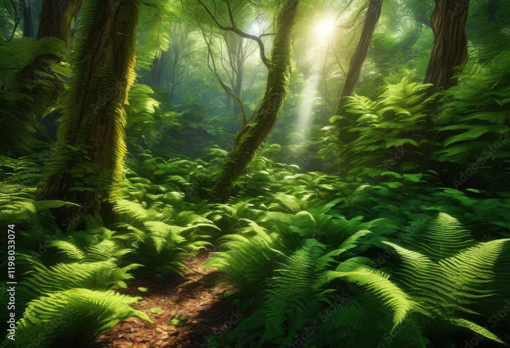 Fototapeta premium breathtaking lush forest landscape showcasing vibrant greenery rich textures captured stunning detail, biodiversity, trees, foliage, sunlight, shadows