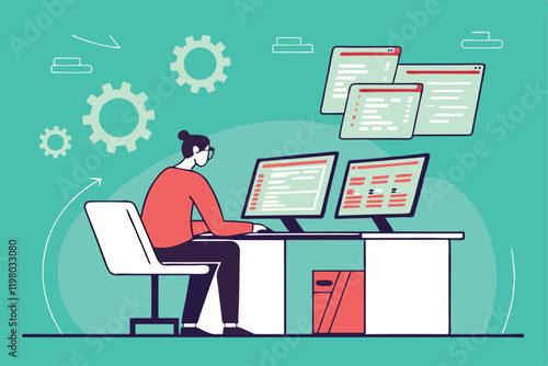 programmer, multiple computer screens, coding, software development, busy workspace, digital multitasking, information overload, tech office, flat design illustration, vibrant teal background, floatin