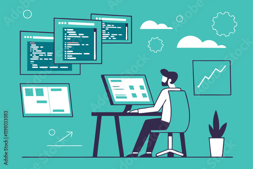 programmer, multiple computer screens, coding, software development, busy workspace, digital multitasking, information overload, tech office, flat design illustration, vibrant teal background, floatin