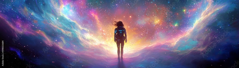 Obraz premium A Mystical Figure Standing in a Cosmic Landscape Surrounded by Vibrant Colors and Stars in a Dreamlike Universe
