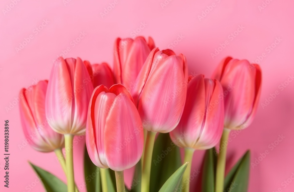 Fototapeta premium Pink tulips on a pink background. Spring flowers. Spring card. Postcard for Women's Day and Mother's Day.