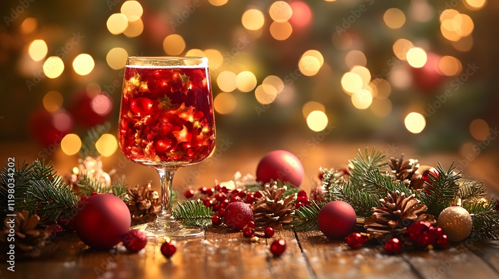 A warm glass of mulled wine sits atop a rustic table, surrounded by vibrant holiday decor and twinkling lights, invoking cheer. A warm glass of mulled wine sits atop a rustic table, surrounded by vibrant holiday decor and twinkling lights, invoking cheer.