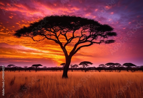 vibrant sunset over savanna landscape featuring stunning silhouetted trees rich sky colors warm hues, clouds, light, gradient, orange, pink, yellow, horizon