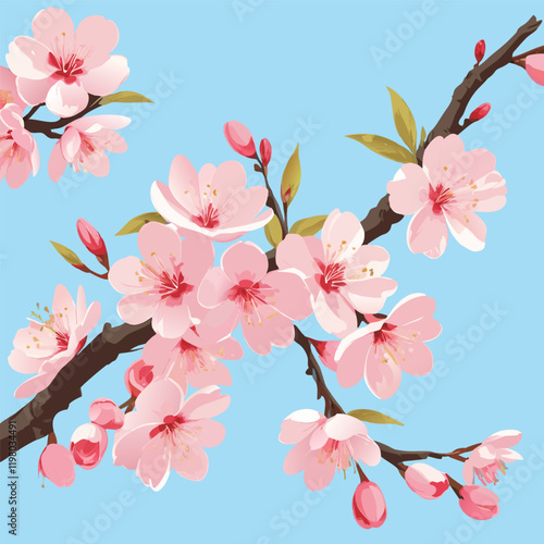 Elegant Sakura Branch on Blue Background