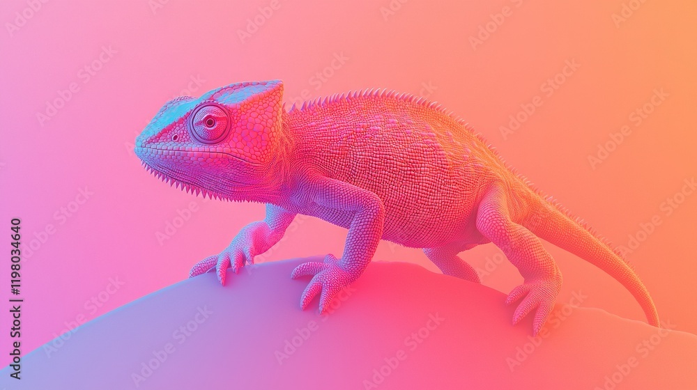 Fototapeta premium A close-up of a lizard on a multi-colored background featuring shades of pink, red, and blue