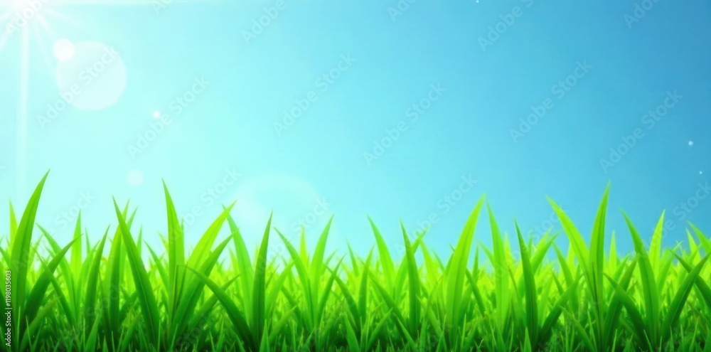 Lush green grass blades set against clear blue , photo, organic, meadow