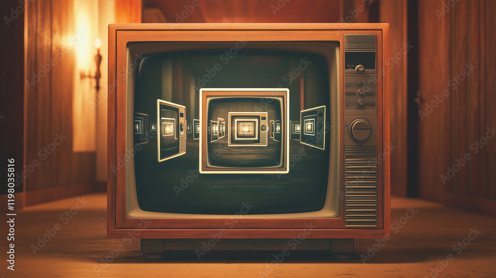 Fototapeta premium 古いブラウン管テレビに映る無限に続くテレビの入れ子構造