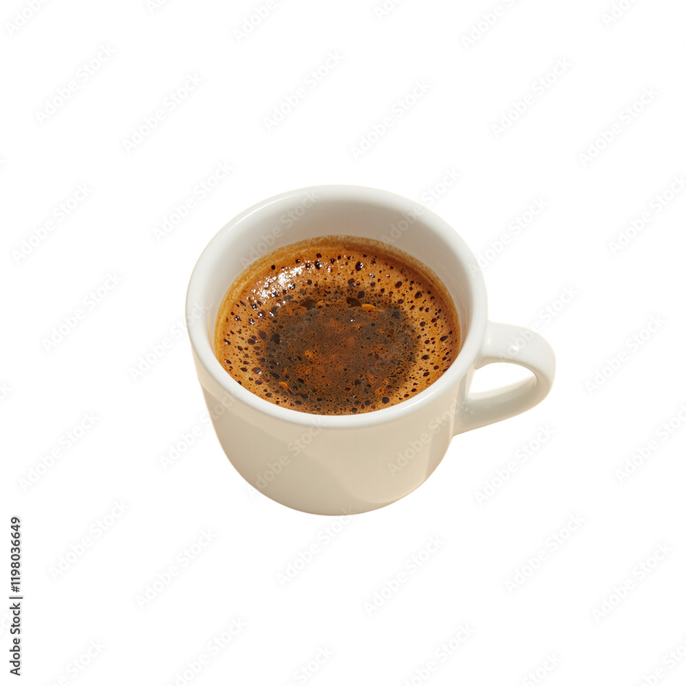 Rich crema layered espresso in small white cup on beige backdrop Rich crema layered espresso in small white cup on beige backdrop