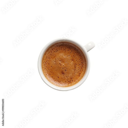 Rich crema layered espresso in small white cup on beige backdrop