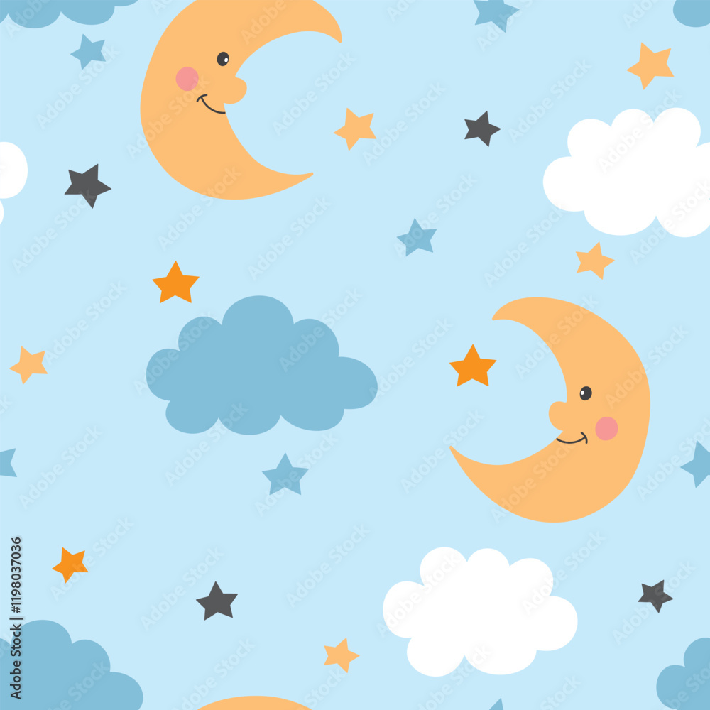 Obraz premium Seamless pattern with cute moon, clouds and stars. Sleeping moon, baby texture on blue background. Vector illustration. It can be used for wallpapers, wrapping, cards, patterns for clothes and other.