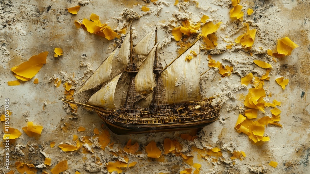Obraz premium A model ship is displayed on a wall with yellow paper scraps. The ship is a replica of a pirate ship, and the yellow paper scraps give the scene a sense of decay and abandonment