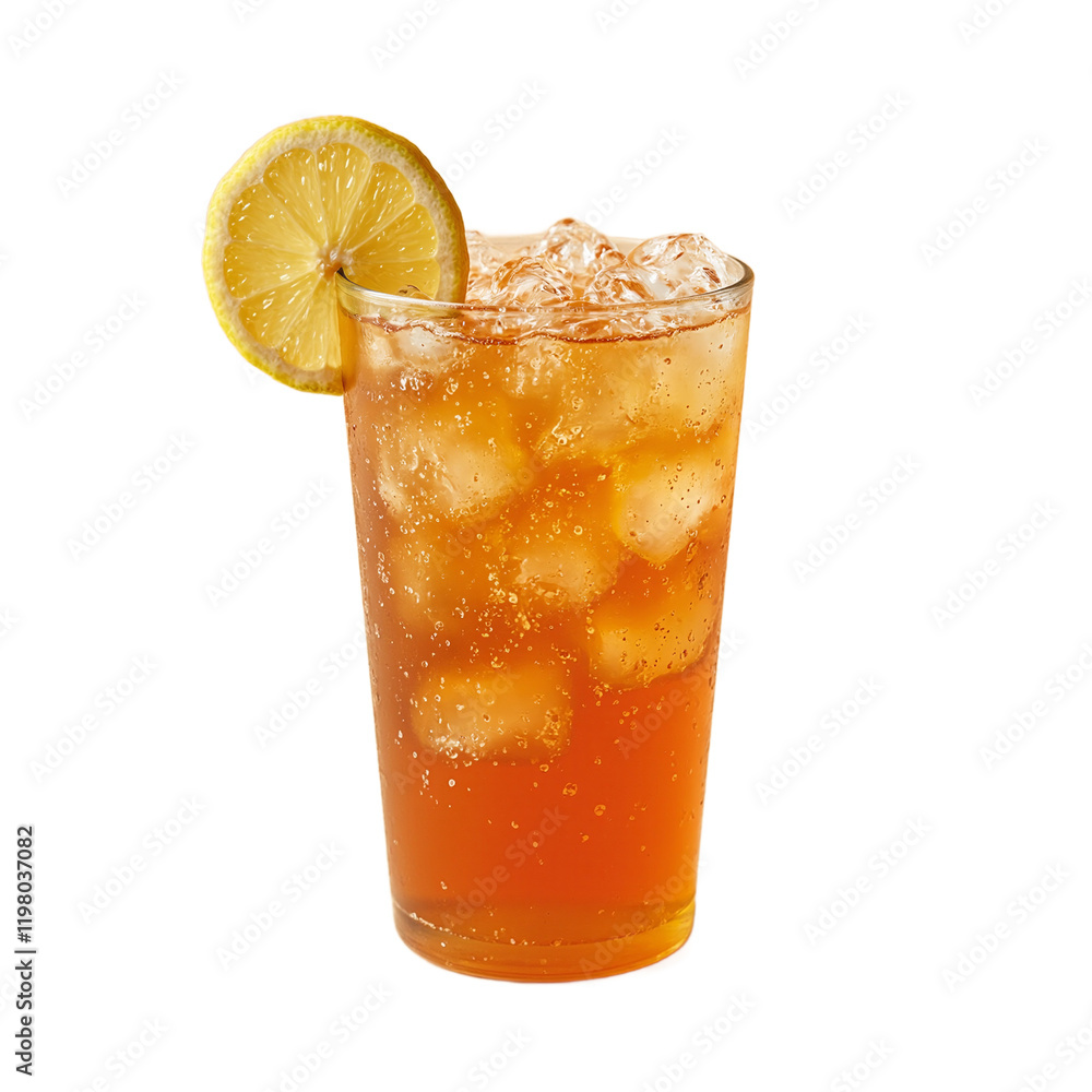 Refreshing lemon iced tea in clear cup with condensation lemon slice on rim Refreshing lemon iced tea in clear cup with condensation lemon slice on rim