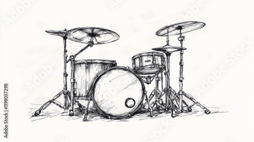 Intricate Pen and Ink Drum Kit Sketch: A Detailed Drawing of a Classic Drum Set photo