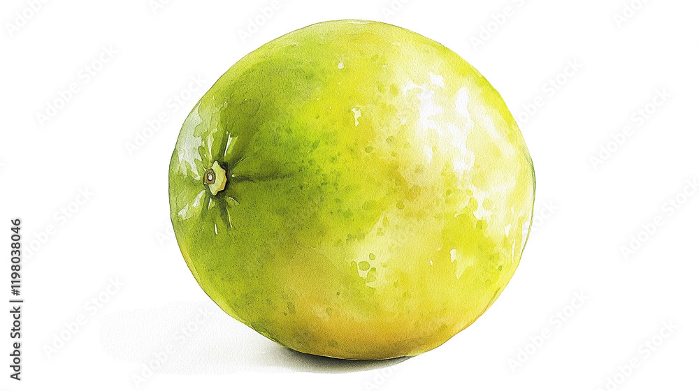 watercolor illustration of one single green pomelo isolated on white background