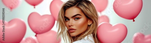 Wallpaper Mural Beautiful woman with flowing blonde hair gazing over her shoulder surrounded by pink heart-shaped balloons in a soft and romantic atmosphere Torontodigital.ca